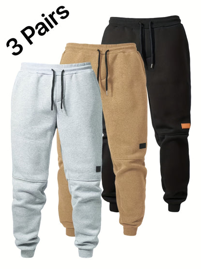 3pcs Men's Casual Athletic Joggers - Durable, Versatile & Warm Polyester Sweatpants with Drawstring Waist, Machine Washable - Black, Dark Gray, Navy Blue