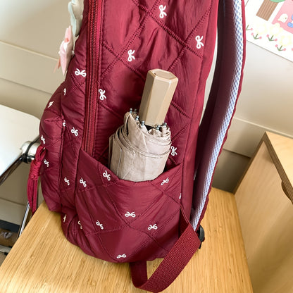 HUOHUO Large Capacity Backpack - Stylish Red & White Quilted Design with Star & Bow Accents, Adjustable Straps, Multiple Compartments, Perfect for School, Commuting, and Everyday Use, Backpack for School, Commuter Bag, Playfu