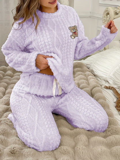 Pijama de menina em pelúcia para o outono e inverno - Conjunto com blusa de manga comprida em veludo coral grosso, gola redonda e calças. Estampado fofinho de ursinho bordado, ideal para o dia a dia. Roupa casual e confortável.