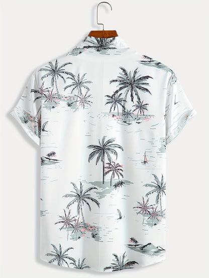 Camisa de homem de manga curta com estampado de coqueiros, ideal para o dia a dia em resorts e para a praia.