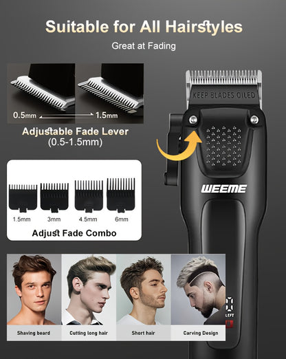 WEEME 3pcs Men's Grooming Kit - LCD Electric Clipper + Cordless Shaver + T-Blade Trimmer | USB-C Rechargeable w/Brushes & Care Accessories | Durable Hair/Facial Grooming Tools for Home & Travel
