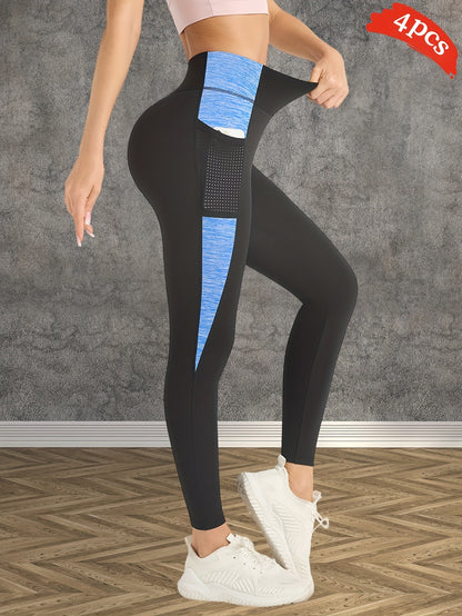 4pcs Women'S High-Waisted Yoga Leggings - Tummy Control Butt-Lifting Workout Pants with Pockets, Breathable Stretchy All-Season Gym & Outdoor Activewear, Solid Color Crop Design, Workout Leggings