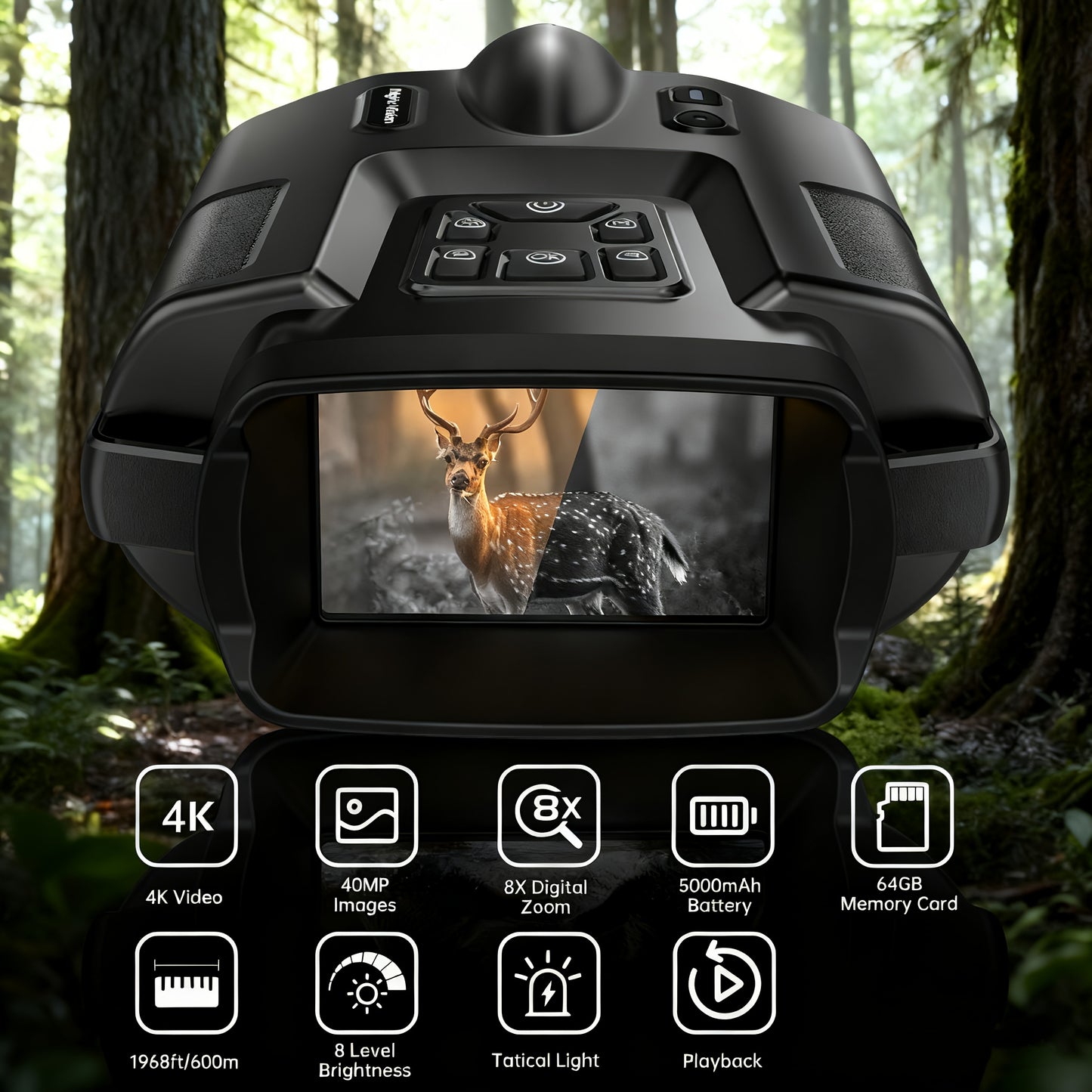 8x 4K Ultra HD Digital Night Vision Binoculars - 5000mAh long-lasting Li-ion battery, 3-inch high-resolution display, 600m long range detection - ideal for wildlife observation, valentine's day, gift for your love