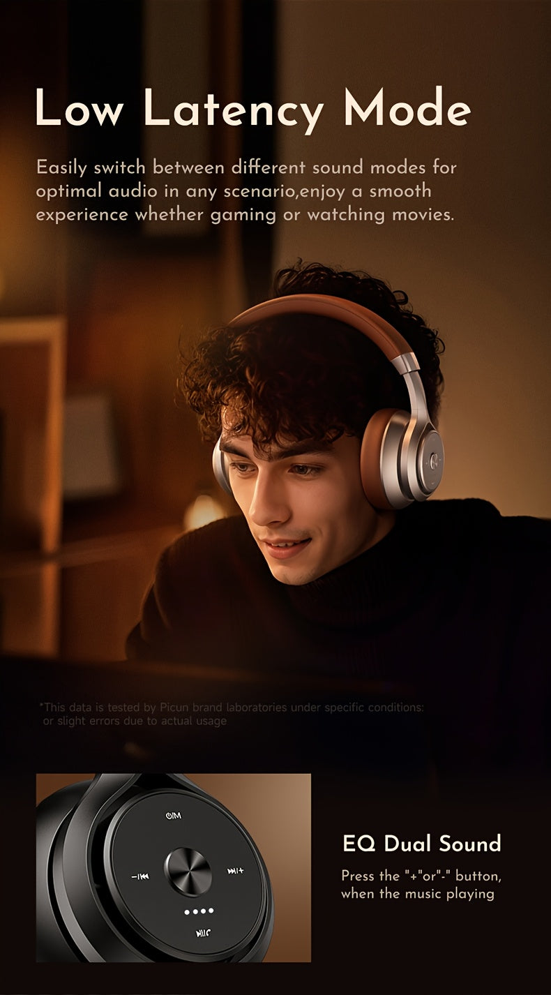 Picun Wireless Over-Ear Headphones, HiFi Stereo, Deep Bass, Foldable Design, 30-Hour Battery, Built-in Mic. Lightweight Brown Leatherette Finish, Perfect for Gaming, PC, and On-the-Go Use.