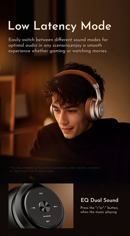 Picun Wireless Over-Ear Headphones, HiFi Stereo, Deep Bass, Foldable Design, 30-Hour Battery, Built-in Mic. Lightweight Brown Leatherette Finish, Perfect for Gaming, PC, and On-the-Go Use.