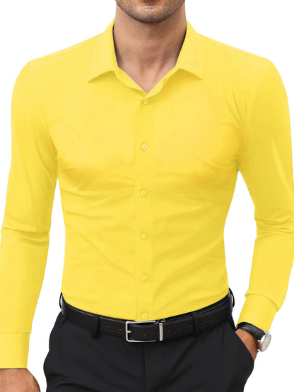 Men'S Slim Fit Long Sleeve Shirt - 55% Cotton, 40% Polyester, 5% Spandex, Solid Color, All-Season, Woven Fabric, Button-Up, Lapel Collar, Casual Weekend Wear, 125g/m²