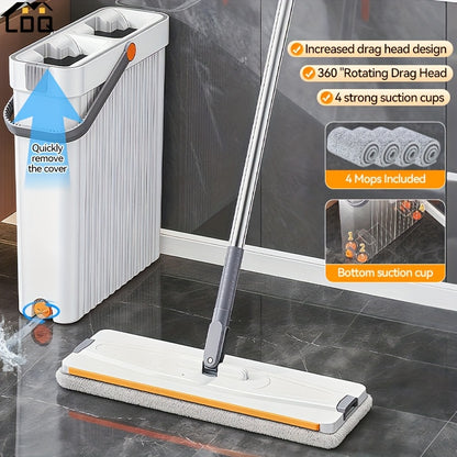 LDQ Heavy-Duty Mop & Bucket Set with 4 Washable Reusable Pads (Compatible with /Mop) - Wet/Dry Floor & Window, Space-Saving Stackable Design, Manual Operation for, Office, Commercial Use - No Required