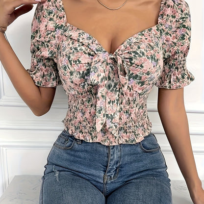 Floral Print Bow Front Blouse, Casual Short Sleeve Top For Spring & Summer, Women's Clothing