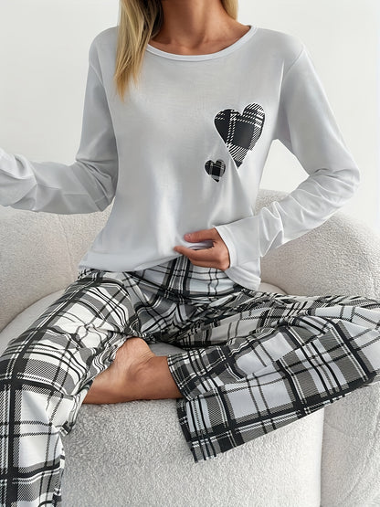 Women'S Cozy Plaid Pajama Set with Heart Print - Long Sleeve Crew Neck Top & Matching Pants, Soft & Comfortable for Fall/Winter, Casual Sleepwear, Casual Sleepwear|Plaid Pattern|Soft Fabric