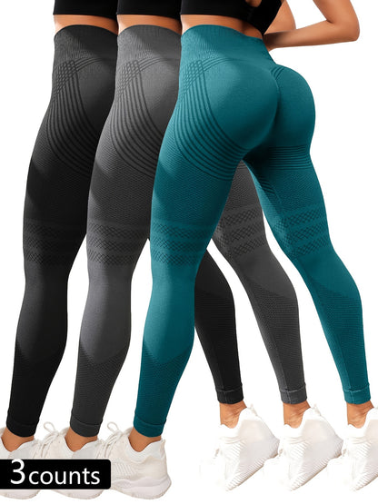 3-Pack Women'S High-Waisted Sports Leggings, Striped Yoga Pants with Hip Lift, Stretchy Knit Fabric, Polyamide 90% Elastane 10%, All-Season Skinny Tights for Fitness & Running, 280g/m²