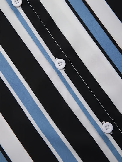 2pcs Men's Stripe Pattern Color Block Short Sleeve Button Shirt & Loose Shorts, Men's Casual Outfit For Summer Vacation