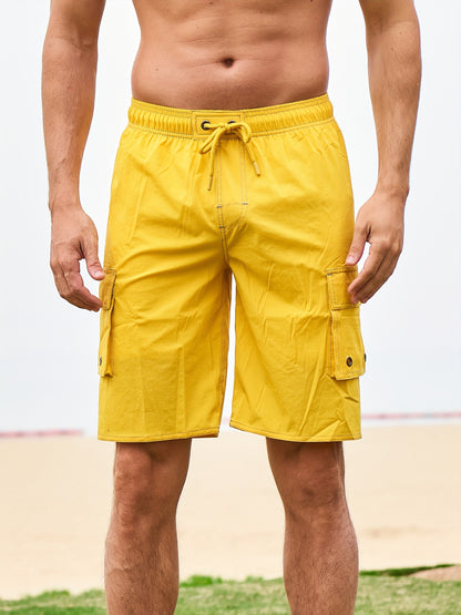 Men's Quick-Dry Swim Shorts with Adjustable Drawstring Waist & Pockets - Sporty Solid Black Beach Shorts for Swimming, Surfing, Water Sports - Machine Washable Regular Fit, Swimming Gear | Sleek Construction