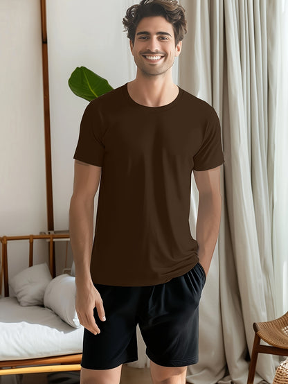 Conjunto de 4 t-shirts casuais para homem de cor sólida, estilo simples, manga curta e gola redonda, ideais para usar em casa, como pijama ou para atividades ao ar livre no verão.
