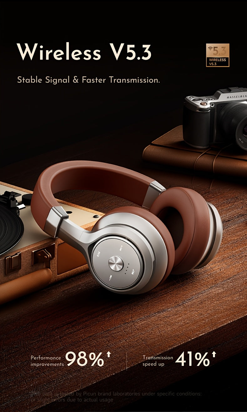 Picun Over-Ear Wireless Headphones, Wireless 5.3 with Low Latency Mode, Dual Composite Drivers for Hi-Fi Sound, 60H Playtime & Real-Time Battery Display, Wired/Wireless Dual Mode, Adjustable Head