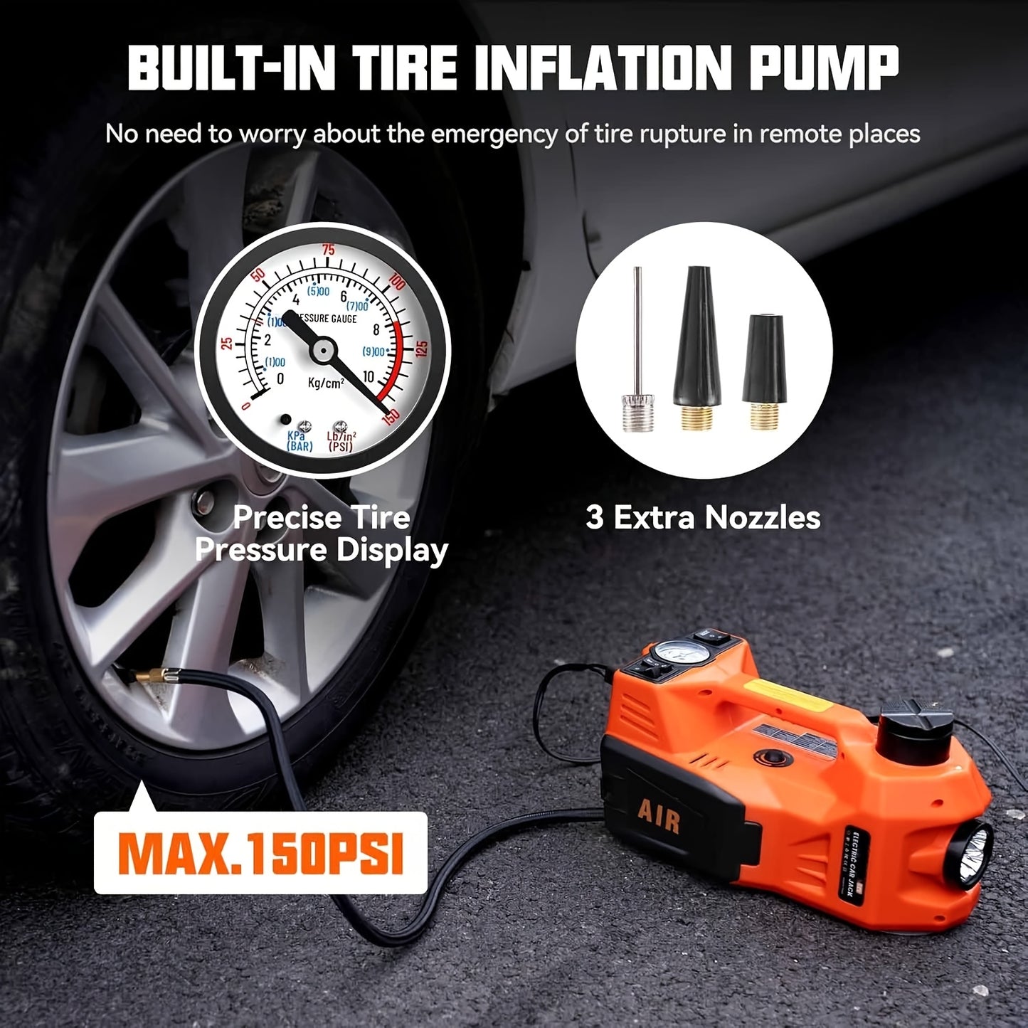 12V 5T Heavy-Duty Hydraulic Jack (15.5-45cm Lift) with Air Compressor & LED Light | Cordless Auto Lifting System for Car, SUV, Truck Tyre Change, Garage Repair
