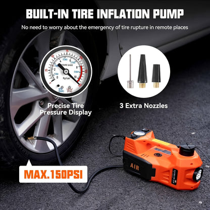 12V 5T Heavy-Duty Hydraulic Jack (15.5-45cm Lift) with Air Compressor & LED Light | Cordless Auto Lifting System for Car, SUV, Truck Tyre Change, Garage Repair