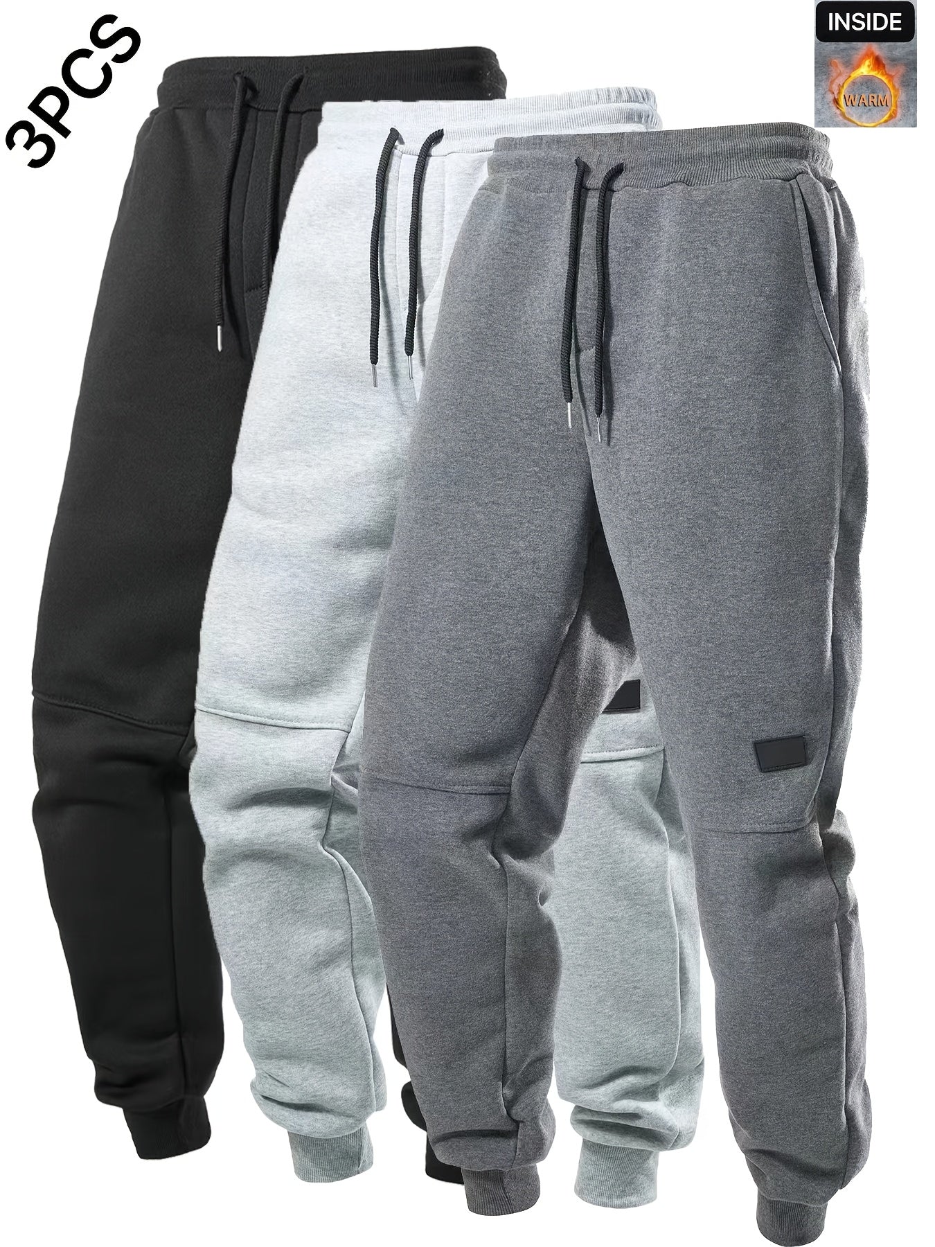 3pcs Men's Casual Athletic Joggers - Durable, Versatile & Warm Polyester Sweatpants with Drawstring Waist, Machine Washable - Black, Dark Gray, Navy Blue