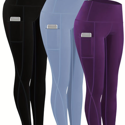 230g Women's Leggings Set of 3 High Waist Breathable with Pockets Compression Tights Multi-Color Suitable for All Seasons Daily Sports Fitness Yoga Shapewear