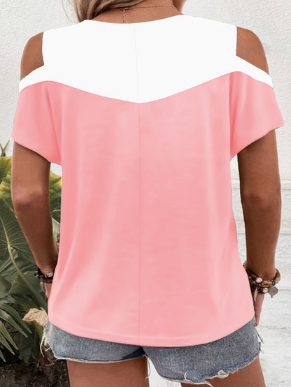 9068# Women's Plus Size Off-Shoulder Round Neck T-Shirt - Color Block Striped Summer Top, Breathable Machine-Washable Casual Elegant Tee, Ladies T Shirts, Easycare Clothing, Nontransparent Fabric, Relaxed Fit, Stylish Blouse,