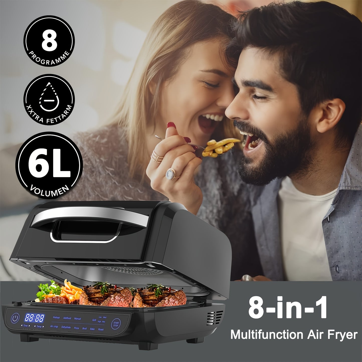 Fritadeira Elétrica 8 em 1 com Grelha e Ar Quente, Capacidade de 6L, Controlo por Toque, Temporizador de 120 Minutos, 1700W, Preta