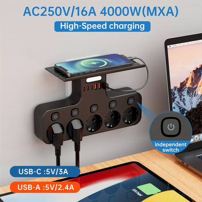 European 5-Pin Socket Extension with 3 USB-A and 3 USB-C Ports, Overload Protection, Smart Light Sensor, 4000W, 16A, Ideal for Home, Outdoor, and Office Use, Outdoor Power Supply, Modern Power Outlet, Durable Power Outlet