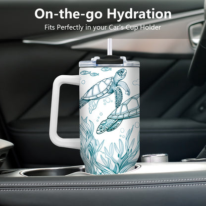 1pc Sea Turtle Tumbler 40oz Tumbler with Handle, Stainless Steel Turtle Water Bottle Travel Mug Coffee Wine Cups Sea Turtle Tumblers for Sea Turtle Lovers Gifts for Women