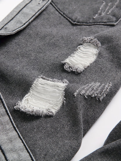 Men's Trendy Ripped Design Casual Button Up Long Sleeve Denim Shirt, Men's Clothes For Spring Summer Autumn, Tops For Men
