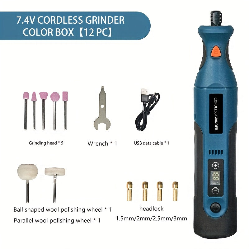 Polidora elétrica recarregável, rebarbadora de alta potência 7,4 V, ferramenta rotativa sem fios com bateria, caneta de entalhe com velocidade ajustável para entalhar e polir madeira, presente de Natal perfeito para amigos e familiares.