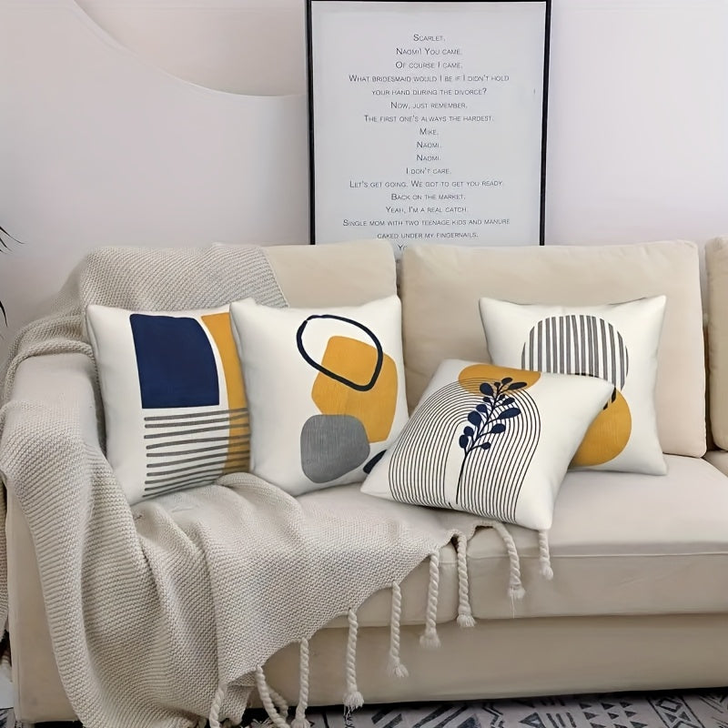 4pcs Bohemian Abstract Green Leaf Geometric Square Pillow Covers - Contemporary Machine-Washable Zipper Closure Cushion Cases for Living Room, Bedroom, Sofa & Office Decor, Bedroom Accessories | Artistic Cushion Covers | Mach