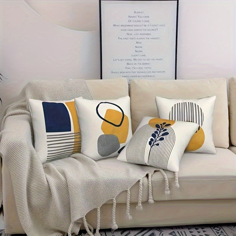 4pcs Bohemian Abstract Green Leaf Geometric Square Pillow Covers - Contemporary Machine-Washable Zipper Closure Cushion Cases for Living Room, Bedroom, Sofa & Office Decor, Bedroom Accessories | Artistic Cushion Covers | Mach