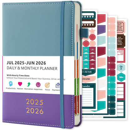 2025-2026 Academic Planner with 12-Month Labels - Daily & Monthly Time Management Organizer, Bookmark Section, Faux Leather Cover, 21.34cm x 14.48cm Back-to-School Planner for Adults, Academic Planner Notebook, Organized Layo