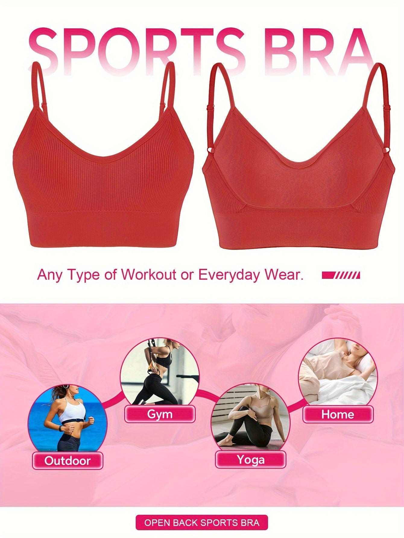 Solid Ribbed Sports Bra, Comfy & Breathable Workout Fitness Intimates Bra, Women's Lingerie & Underwear