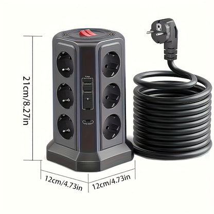 EU Multifunctional Power Tower Plug with 2 USB A Ports And 2 USB C Ports, HAFINO Triple 12-position Multi-socket Power Strip with PD 20W Fast Charging (4000W 16A) for Home And Office Scenarios