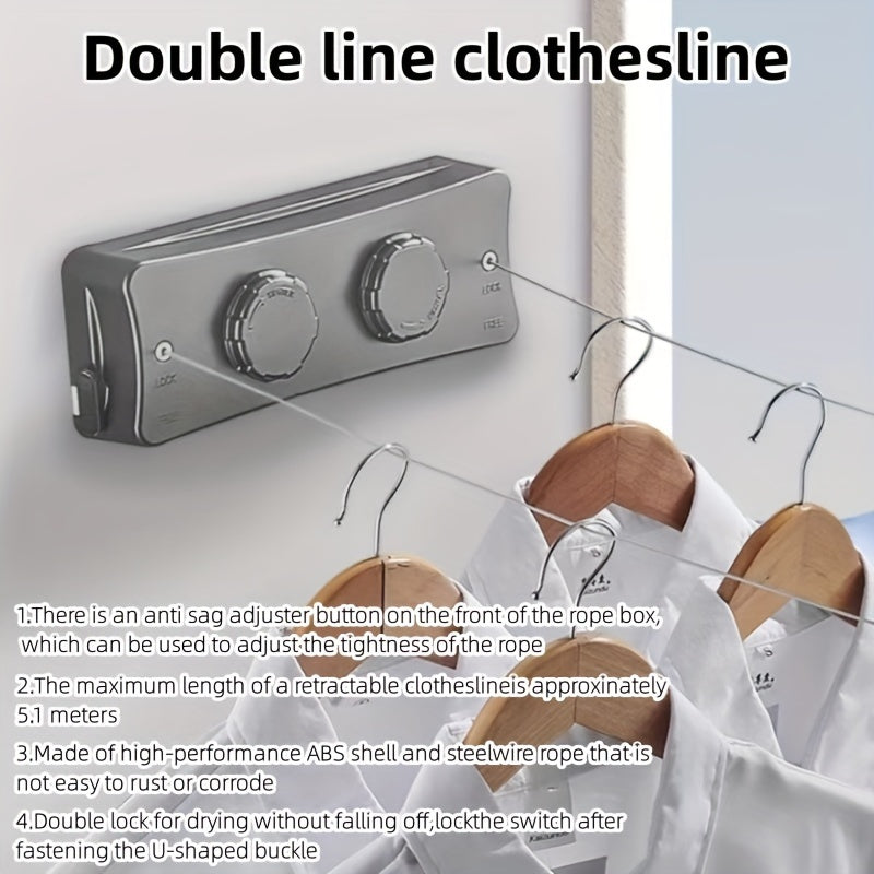 1pc Adjustable Double Line Retractable Clothesline, 304 Stainless Steel, Indoor Invisible Reel Drying Rope, Space Saving For Apartment Balcony, Towel Quilt Clamp, Rust-proof ABS Shell