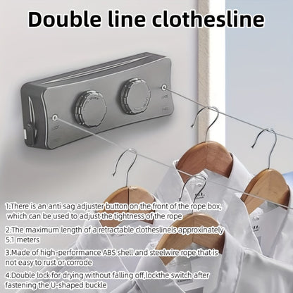1pc Adjustable Double Line Retractable Clothesline, 304 Stainless Steel, Indoor Invisible Reel Drying Rope, Space Saving For Apartment Balcony, Towel Quilt Clamp, Rust-proof ABS Shell