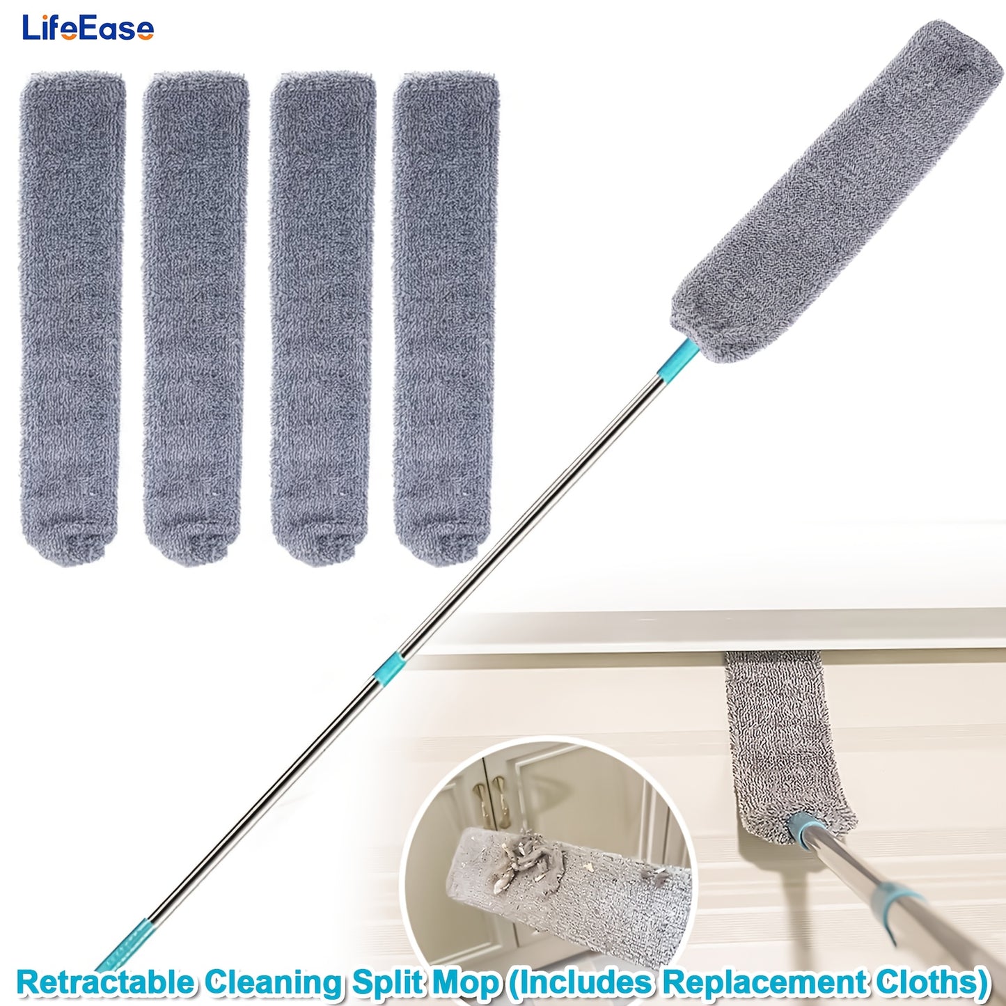 Extended Retractable Dusting Split Mop with 4/6/8/12 Microfiber Dusting Cloths, Underbed Cleaning, for sweeping dust, wiping crevices of sofas, Extended mop for mopping under beds, home cleaning, cleaning tools for the school