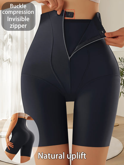 Women's High-Waisted Compression Shorts with Zipper Closure - Ice Sliky Fiber Fabric Tummy Control Butt Lifter, Asymmetrical Design for Natural Uplift & Breathable Comfort, Solid Black