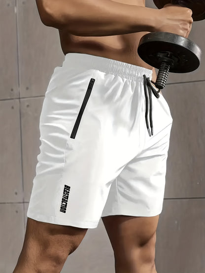 A Pair of Men'S Casual And Minimalist Style Comfortable Shorts, Featuring Letter Print Pockets And Drawstrings, Suitable for Summer Outdoor Fitness Wear, Quick-Drying Comfortable Shorts with Slightly Stretchy Elastic Waistban