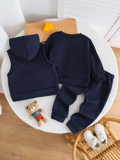 Boys' Autumn/Winter New Three-Piece Set with Mickey Mouse Classic Cartoon Print Long-Sleeve Round Neck Hoodie and Zip-Up Sleeveless Top, Matching Printed Sweatpants - Fleece-Lined Thickened Warm Comfortable Outfit for Parties