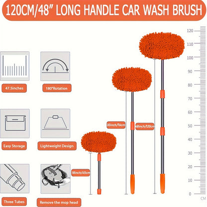 120.65cm Microfiber Car Wash Brush Mop Set, Chenille Microfiber Sponge Duster No Paint Damage No Scratches, Long Handle Kit 2in 1 for Cleaning Cars, Trucks, SUVs, RVs, Trailers, Boats