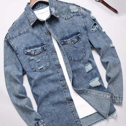 Men's Trendy Ripped Design Casual Button Up Long Sleeve Denim Shirt, Men's Clothes For Spring Summer Autumn, Tops For Men