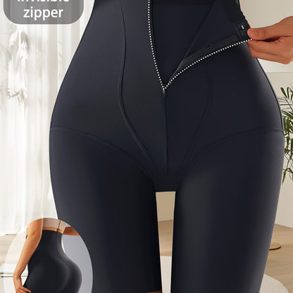 Women's High-Waisted Compression Shorts with Zipper Closure - Ice Sliky Fiber Fabric Tummy Control Butt Lifter, Asymmetrical Design for Natural Uplift & Breathable Comfort, Solid Black