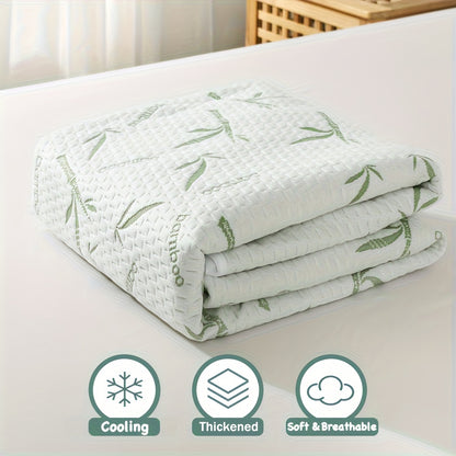 1pc 100% Bamboo Fiber Mattress Protector 250gsm - Cooling Breathable Bed Cover with 3D Air Layer, Green, Machine Washable Polyurethane Filling for Pressure Relief & Temperature Regulation, Bed Comfort Enhancement, Stylish Bed