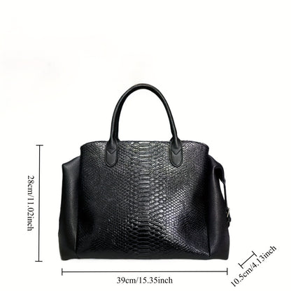 Elegante bolsa feminina com padrão cobra preta - Grande capacidade, alça de ombro removível, couro sintético vegan, perfeita para uso diário e trabalho, presente ideal para as festas de fim de ano, bolsa versátil | Estilo vanguardista | Couro sintético