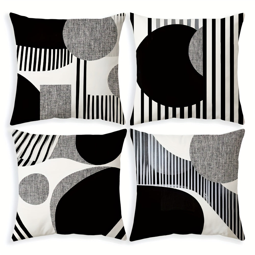 4pcs Bohemian Black and White Geometric Throw Pillow Covers, 45.72cm, Short Plush Polyester Fabric with Zip Closure, Modern Abstract Design for Living Room, Bedroom, Couch Decor, Party Home Decor Pillowcases, Living Room Deco
