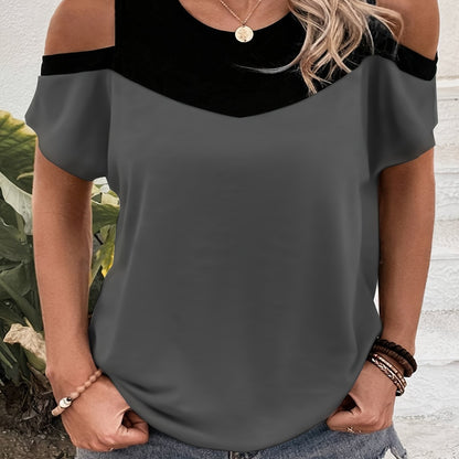 9068# Women's Plus Size Off-Shoulder Round Neck T-Shirt - Color Block Striped Summer Top, Breathable Machine-Washable Casual Elegant Tee, Ladies T Shirts, Easycare Clothing, Nontransparent Fabric, Relaxed Fit, Stylish Blouse,