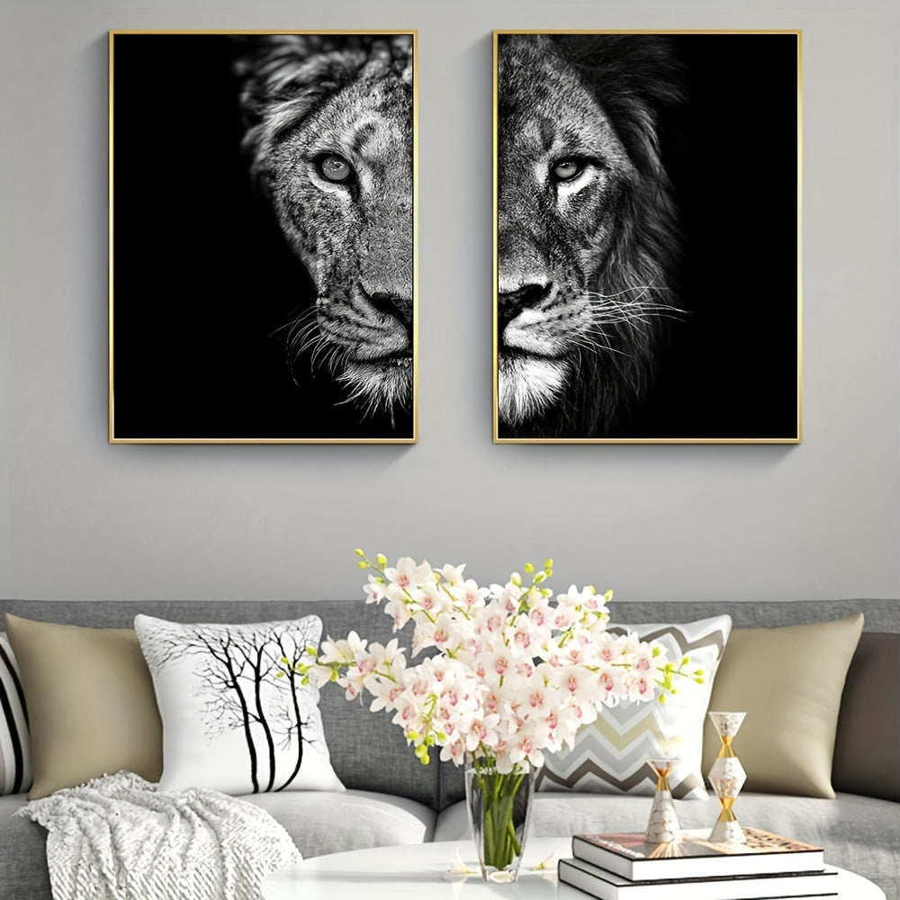 2pcs African Lion Wall Poster - Frameless Canvas Painting for Home Decor - 15.7x23.6in/40cmx60cm - Black and White Design