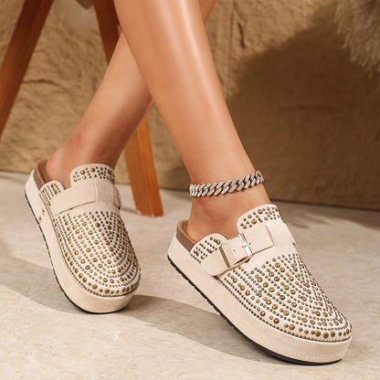 2025 Summer New Rhinestone Vacation Style Casual Slip-On Thick Sole Beach Mules