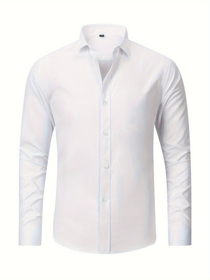 Men's Classic White Long Sleeve Dress Shirt - Business Casual, Non-Iron Polyester, Machine Washable