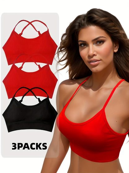 3 pcs Breathable Criss Cross Sports Bra for Women - Sleeveless Yoga Crop Top with Adjustable Straps - Perfect for Fitness and Activewear